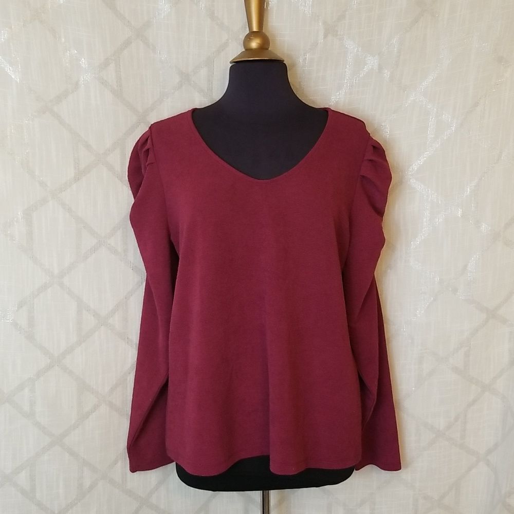 Ann Taylor Top Shirt Womens Size XL Puff Sleeve Vneck Burgundy Wine